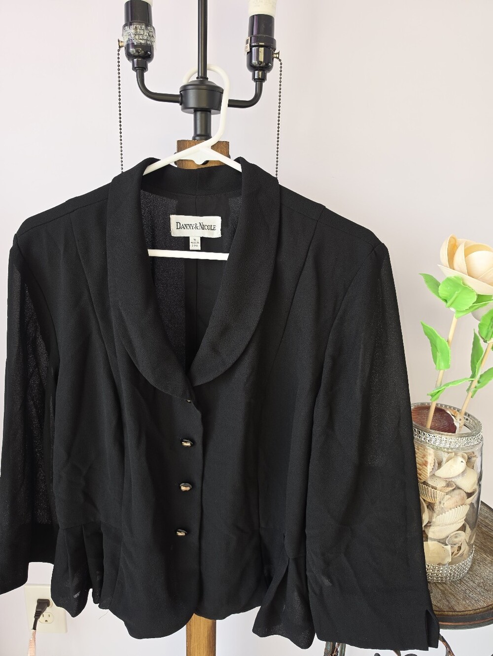 #2665, Danny & Nicole black pleated hem blazer with gold bow buttons size 16